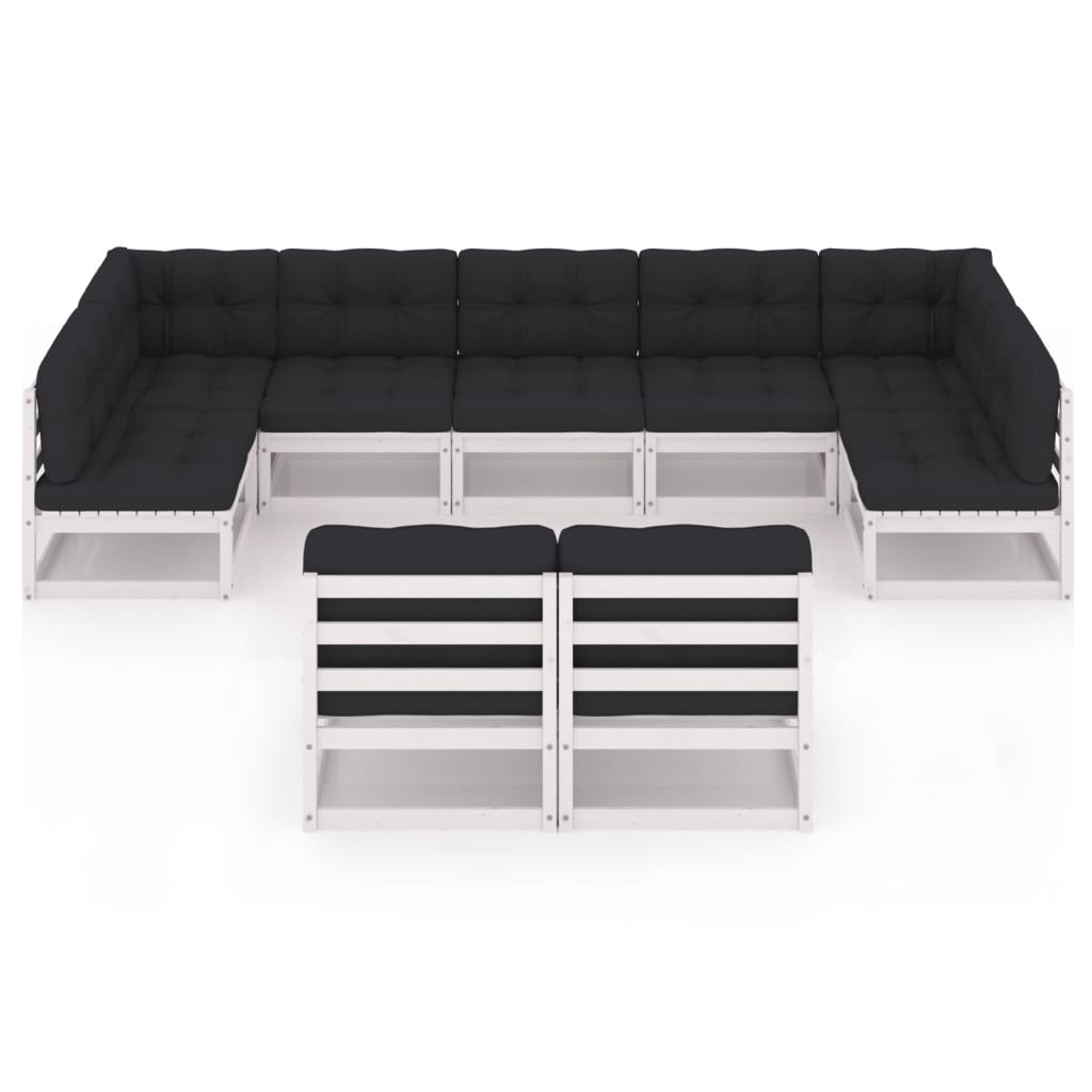 9-tlg. Garten-Lounge-Set mit Kissen Weiss Kiefer Massivholz